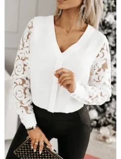 Hot Blouse Women's Black White Solid / Plain Color Lace Daily Elegant V Neck Regular Fit S Women Lace Tops