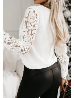 Hot Blouse Women's Black White Solid / Plain Color Lace Daily Elegant V Neck Regular Fit S Women Lace Tops