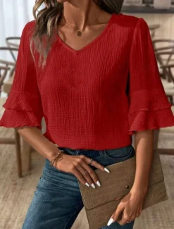 Hot Blouse Women's Black White Pink Solid / Plain Color Flounced Shirred Daily Elegant V Neck Regular Fit S Women Cover Up