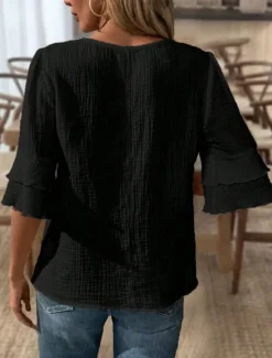 Hot Blouse Women's Black White Pink Solid / Plain Color Flounced Shirred Daily Elegant V Neck Regular Fit S Women Cover Up