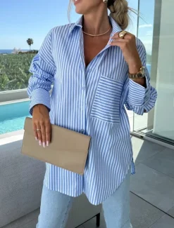 Clearance Blouse Women's Pink Blue Khaki Striped Printing Front Pocket Daily Elegant V Neck Regular Fit S Women T-Shirts