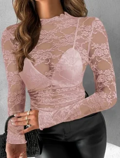 Hot Blouse Women's Transparent Black 6 black Black Embroidered Flower / Plants Lace Hole Daily Elegant Lace Round Neck S Women Lace Tops