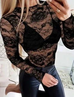 Hot Blouse Women's Transparent Black 6 black Black Embroidered Flower / Plants Lace Hole Daily Elegant Lace Round Neck S Women Lace Tops