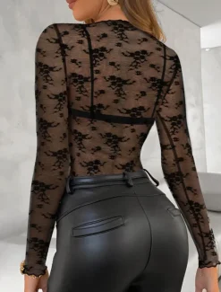 Hot Blouse Women's Transparent Black 6 black Black Embroidered Flower / Plants Lace Hole Daily Elegant Lace Round Neck S Women Lace Tops