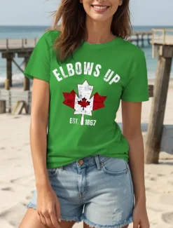 Discount Canada Women's T Shirt Graphic Flag Letter Vintage Stylish Casual Short Sleeve Crew Neck Round Neck Regular Tops Daily Weekend Print Black and White White Black Black White Red Women Independence Day Top