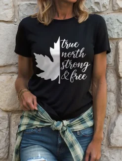 Discount Canada Women's T Shirt Graphic Flag Letter Vintage Stylish Casual Short Sleeve Crew Neck Round Neck Regular Tops Daily Weekend Print Black and White White Black Black White Red Women Independence Day Top