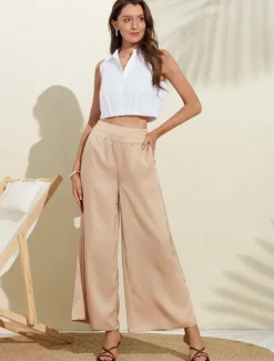 Outlet Casual Satin Wide Leg Trousers Women Pants