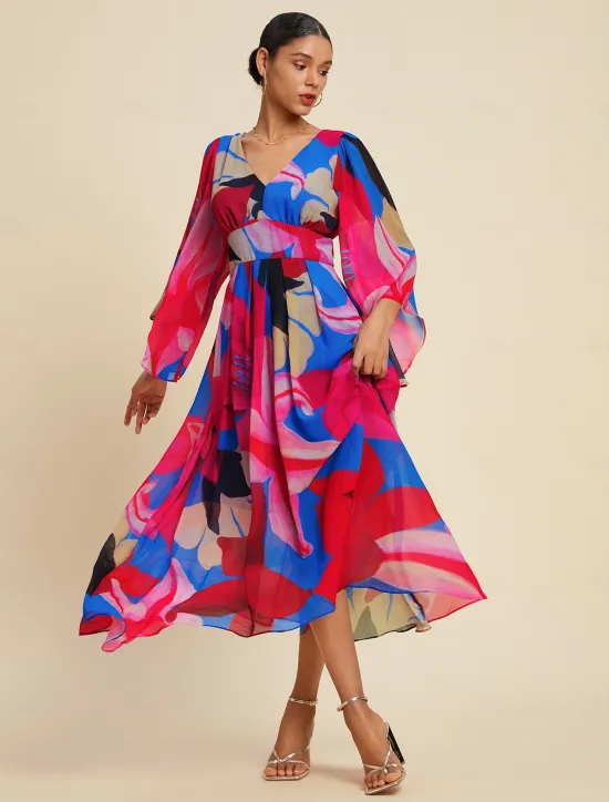 New Chiffon Floral V Neck Maxi Dress Women Casual Dress