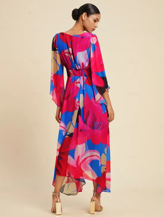 New Chiffon Floral V Neck Maxi Dress Women Casual Dress