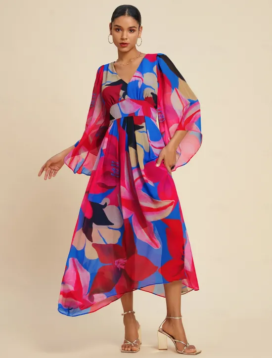 New Chiffon Floral V Neck Maxi Dress Women Casual Dress