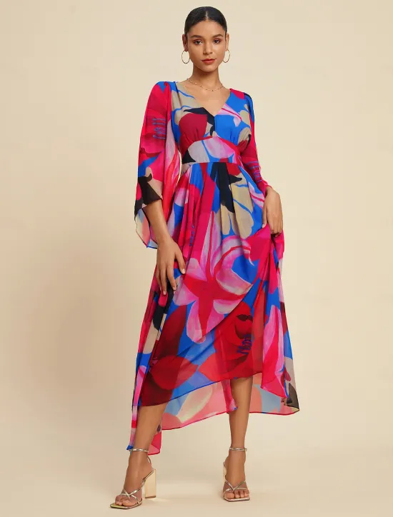 New Chiffon Floral V Neck Maxi Dress Women Casual Dress