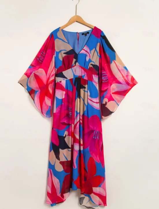 New Chiffon Floral V Neck Maxi Dress Women Casual Dress