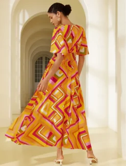 Clearance Chiffon Geometric V Neck Maxi Dress Women Chiffon Dresses|Casual Dress