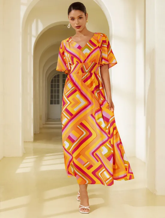 Clearance Chiffon Geometric V Neck Maxi Dress Women Chiffon Dresses|Casual Dress