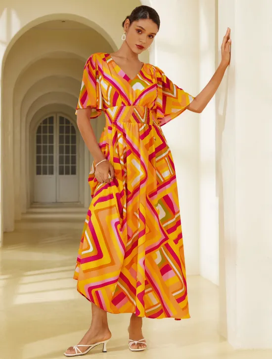 Clearance Chiffon Geometric V Neck Maxi Dress Women Chiffon Dresses|Casual Dress
