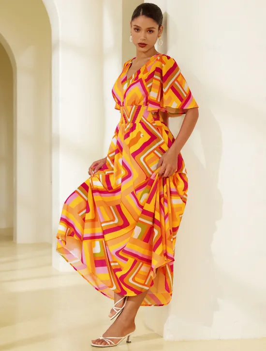 Clearance Chiffon Geometric V Neck Maxi Dress Women Chiffon Dresses|Casual Dress