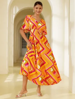 Clearance Chiffon Geometric V Neck Maxi Dress Women Chiffon Dresses|Casual Dress