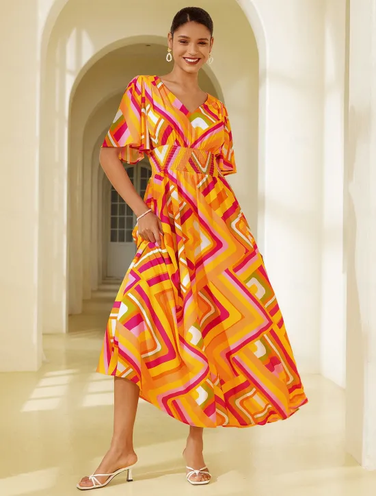 Clearance Chiffon Geometric V Neck Maxi Dress Women Chiffon Dresses|Casual Dress