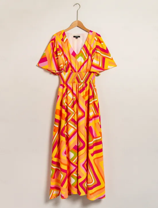 Clearance Chiffon Geometric V Neck Maxi Dress Women Chiffon Dresses|Casual Dress