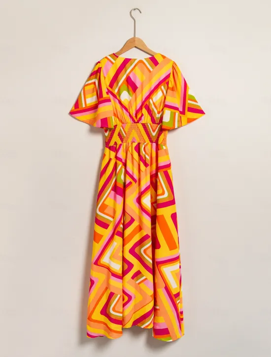 Clearance Chiffon Geometric V Neck Maxi Dress Women Chiffon Dresses|Casual Dress