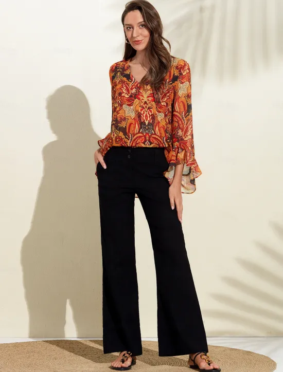 Chiffon Paisley Ruffle Sleeve Blouse Women Chiffon Tops