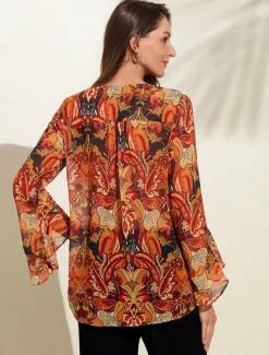Chiffon Paisley Ruffle Sleeve Blouse Women Chiffon Tops