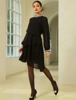 Online Chiffon Ruffle Beading Asymmetric Mini Dress Women Cocktail Dress