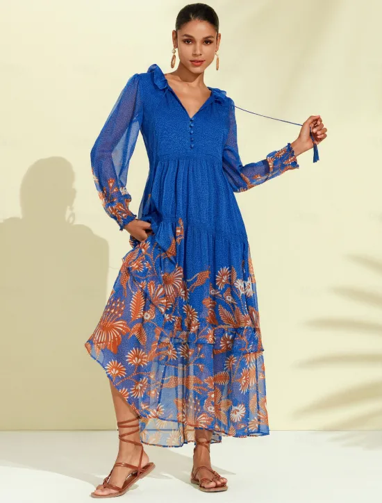 Online Chiffon Tropical Flowers Puff Sleeve Boho Dress Women Chiffon Dresses