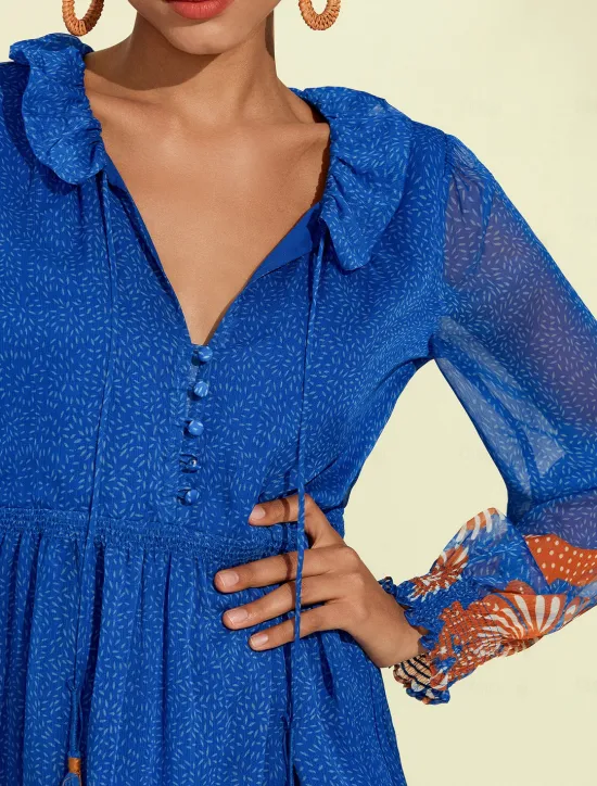 Online Chiffon Tropical Flowers Puff Sleeve Boho Dress Women Chiffon Dresses