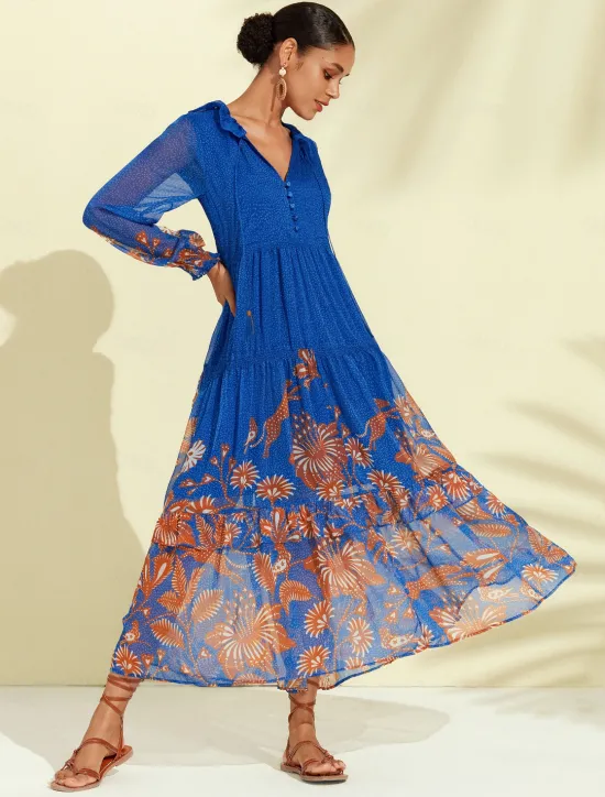 Online Chiffon Tropical Flowers Puff Sleeve Boho Dress Women Chiffon Dresses