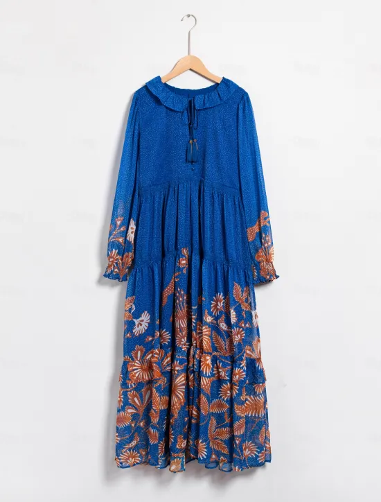 Online Chiffon Tropical Flowers Puff Sleeve Boho Dress Women Chiffon Dresses