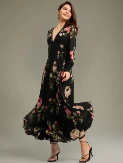 Clearance Chiffon Wedding Guest Floral Ruched V Neck Maxi Ascot Dress Wedding Guest Dress Women Floral Dresses|Cocktail Dress