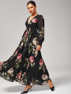 Clearance Chiffon Wedding Guest Floral Ruched V Neck Maxi Ascot Dress Wedding Guest Dress Women Floral Dresses|Cocktail Dress