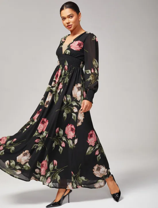 Clearance Chiffon Wedding Guest Floral Ruched V Neck Maxi Ascot Dress Wedding Guest Dress Women Floral Dresses|Cocktail Dress