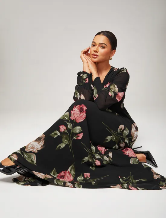 Clearance Chiffon Wedding Guest Floral Ruched V Neck Maxi Ascot Dress Wedding Guest Dress Women Floral Dresses|Cocktail Dress