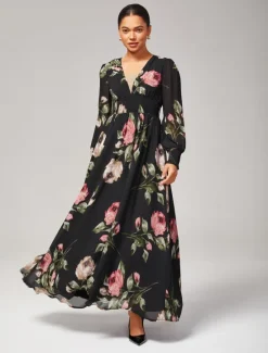 Clearance Chiffon Wedding Guest Floral Ruched V Neck Maxi Ascot Dress Wedding Guest Dress Women Floral Dresses|Cocktail Dress