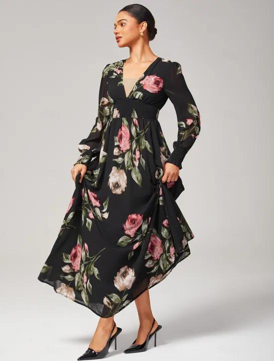 Clearance Chiffon Wedding Guest Floral Ruched V Neck Maxi Ascot Dress Wedding Guest Dress Women Floral Dresses|Cocktail Dress
