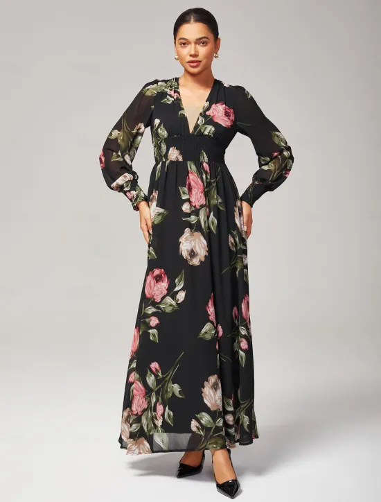 Clearance Chiffon Wedding Guest Floral Ruched V Neck Maxi Ascot Dress Wedding Guest Dress Women Floral Dresses|Cocktail Dress