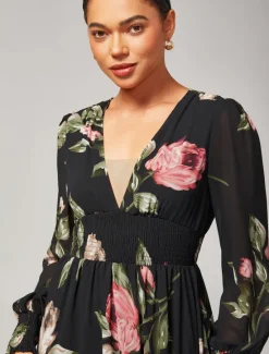 Clearance Chiffon Wedding Guest Floral Ruched V Neck Maxi Ascot Dress Wedding Guest Dress Women Floral Dresses|Cocktail Dress