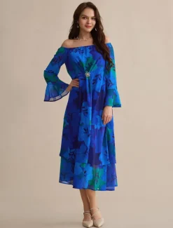New Chiffon Wedding Guest Floral Off Shoulder Long Sleeve Maxi Dress Women Casual Dress|Cocktail Dress