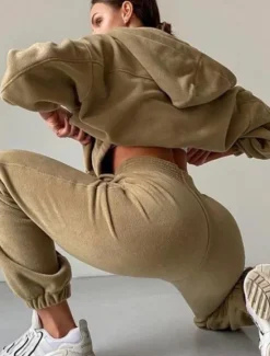 New Comfry Fleece Women Pants Sets Sports Outdoor Sport Daily Warm Bishop Sleeve Long Sleeve Hooded Spring Fall Women Two Piece Sets