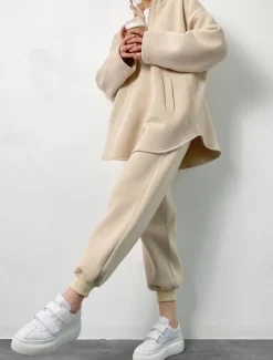 Best Comfry Fleece Women Sweatshirt Hoodie Tracksuit Warm Long Sleeve Brown Spring Fall Women Two Piece Sets