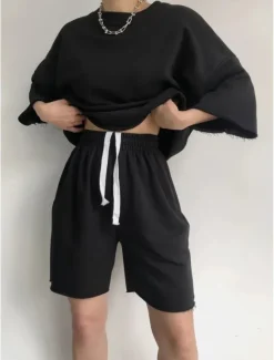 Hot Comfry Women Shorts Sets Long Sleeve Black Spring Fall Women Two Piece Sets