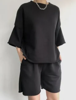 Hot Comfry Women Shorts Sets Long Sleeve Black Spring Fall Women Two Piece Sets