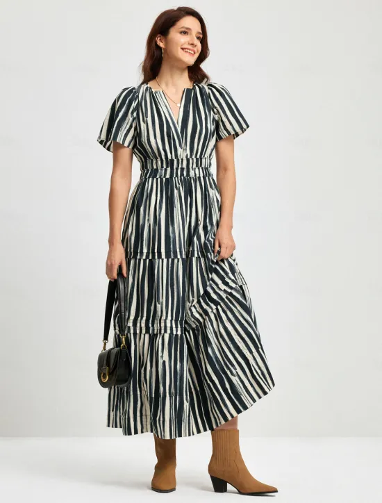 Outlet Cotton Chic Short Sleeve Striped Maxi Skirt Women Vacation Dresses|Casual Dress