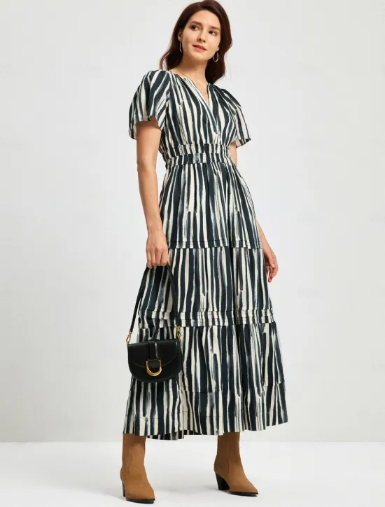 Outlet Cotton Chic Short Sleeve Striped Maxi Skirt Women Vacation Dresses|Casual Dress