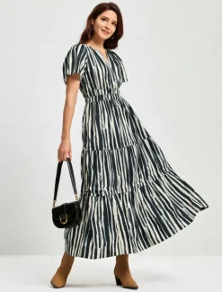 Outlet Cotton Chic Short Sleeve Striped Maxi Skirt Women Vacation Dresses|Casual Dress