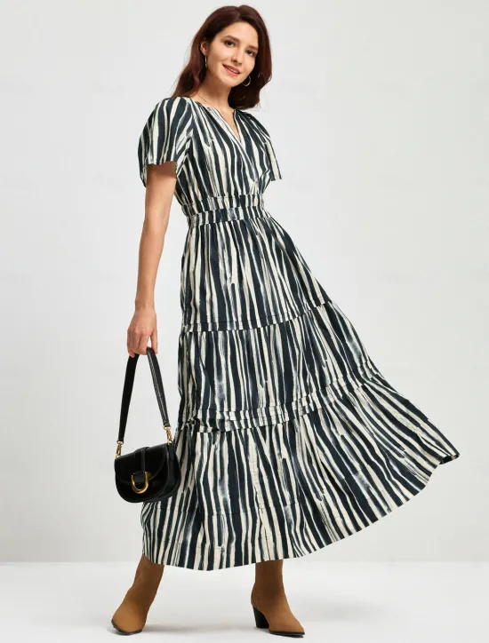 Outlet Cotton Chic Short Sleeve Striped Maxi Skirt Women Vacation Dresses|Casual Dress