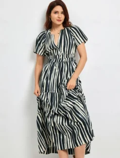 Outlet Cotton Chic Short Sleeve Striped Maxi Skirt Women Vacation Dresses|Casual Dress