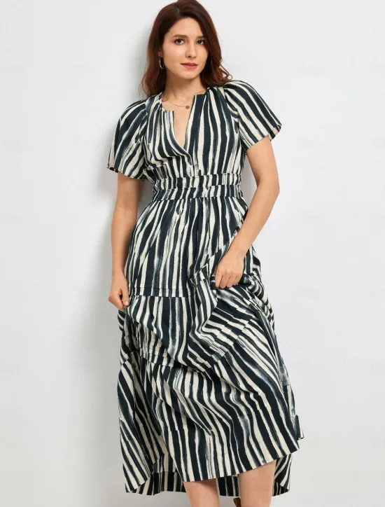 Outlet Cotton Chic Short Sleeve Striped Maxi Skirt Women Vacation Dresses|Casual Dress